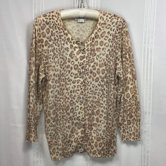 Chaus Sweaters - Chaus Leopard Print Silk Angora Blend 3/4 Sleeve Crystal Button Cardigan Sz.L